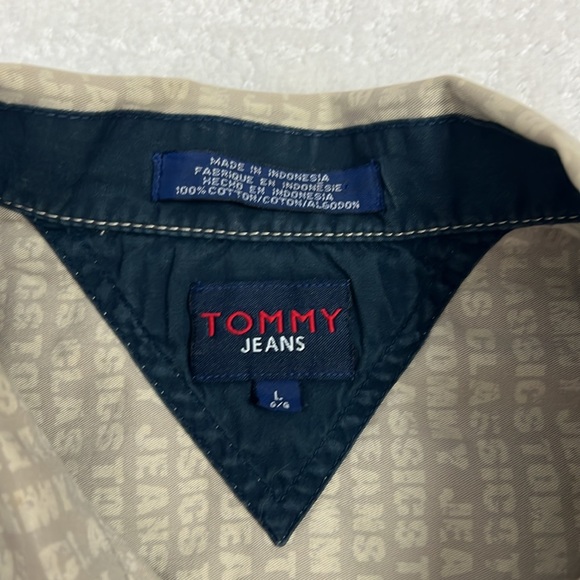 Tommy Jeans men's beige collared button up shirt short sleeve cotton casual L - Picture 4 of 7